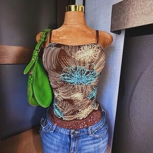 Y2K Brown & Teal Spaghetti Strap Lace Lined Tank Size Small